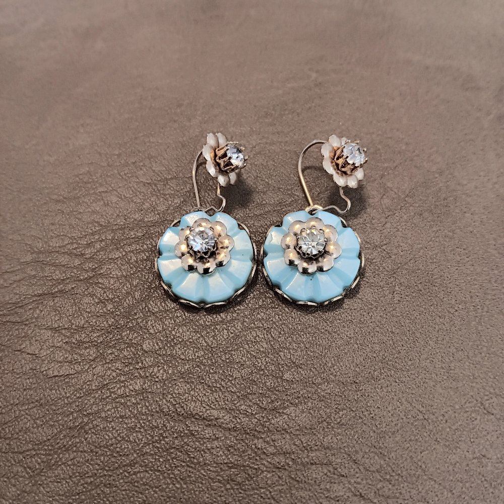 Vintage Blue Floral Button Earrings Rhinestone Drop Earrings - Picture 3 of 4